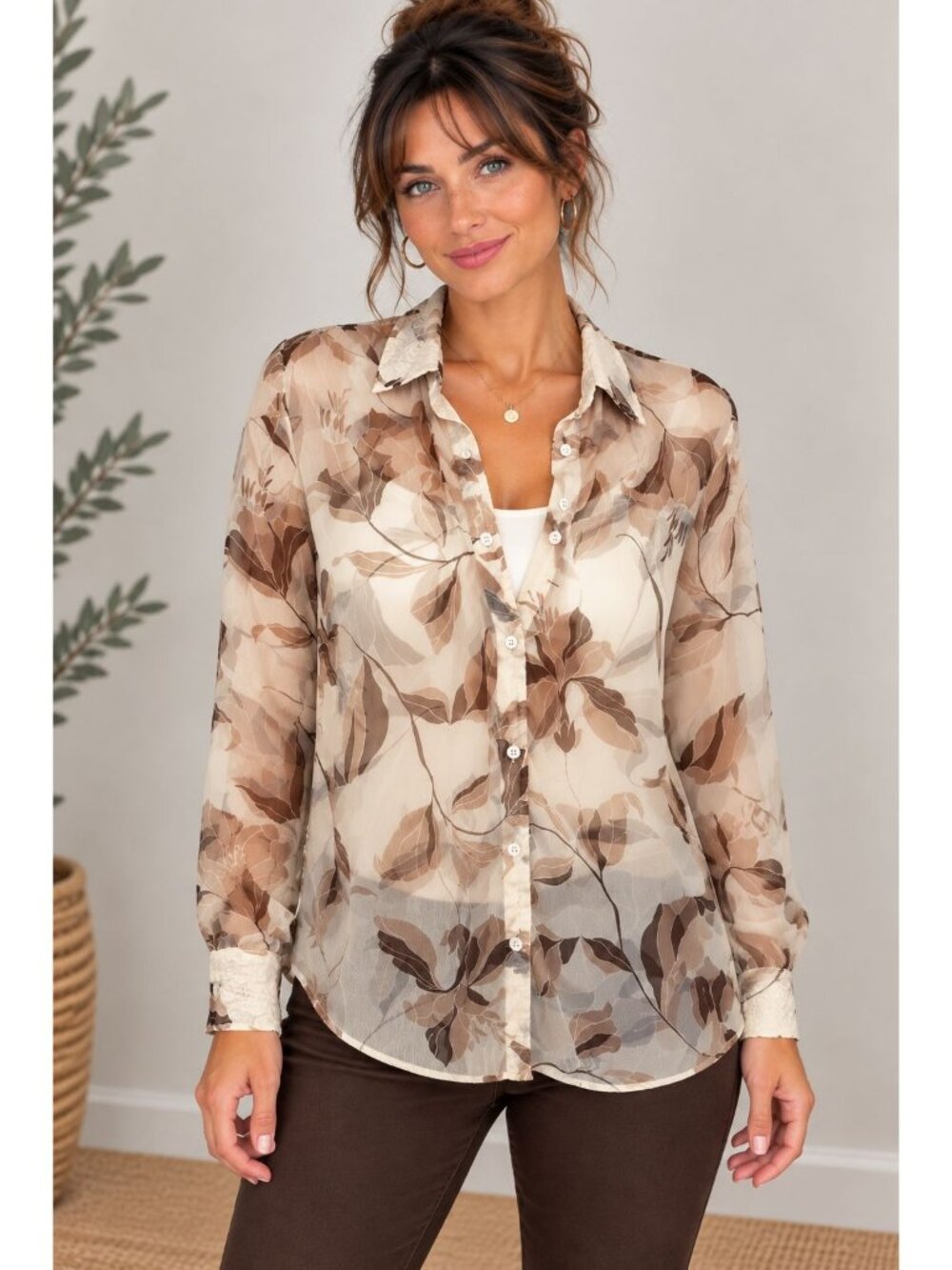 Bailey 44 Women's Ivory Brown Floral Sheer Long Sleeve Button Up Top Size L
